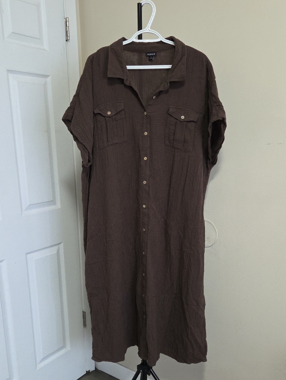 torrid Plus Size 100% Cotton Brown Button-Front Midi Shirt Dress